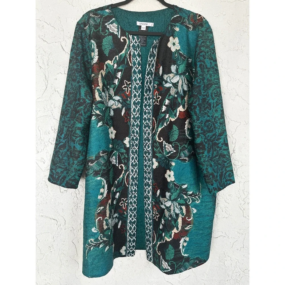 Chicos Teal Floral Damask Open Front Topper Jacket Matelasse Size 3 XL